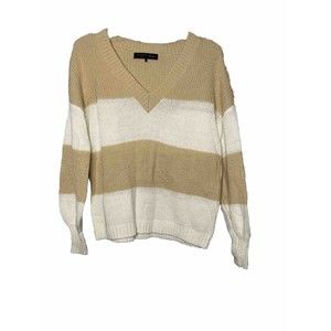 House Of Harlow 1960 X REVOLVE Ribbed Knit V-Neck Stripe Sweater White Tan XS